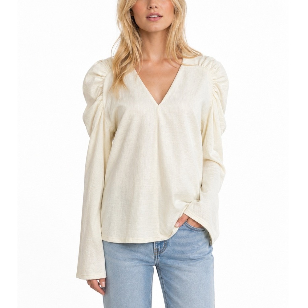 Rebecca Taylor Cream Puff Sleeve V-Neck Textured Knit Top Large Ivory Blouse